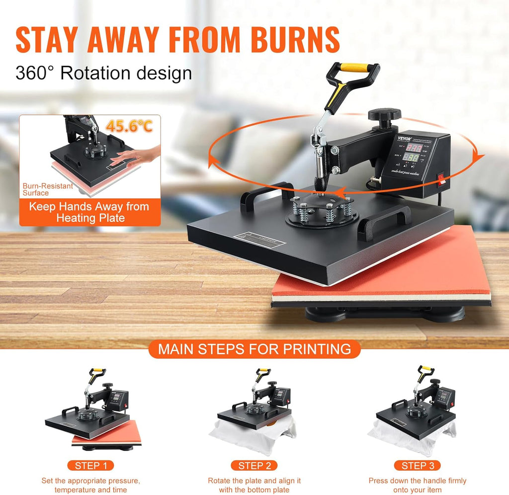 15x15 Heat Press Machine with Hat Press, 360° Swing Away Digital Tshirt Press Machine E75243