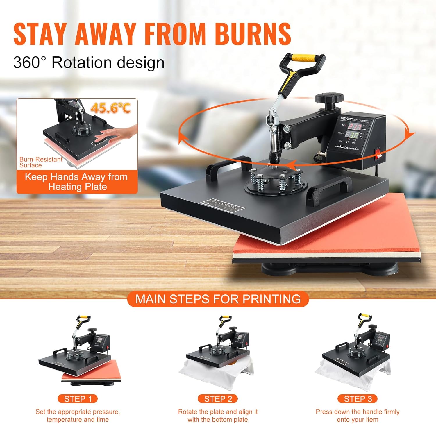 15x15 Heat Press Machine with Hat Press, 360° Swing Away Digital Tshirt Press Machine E75243