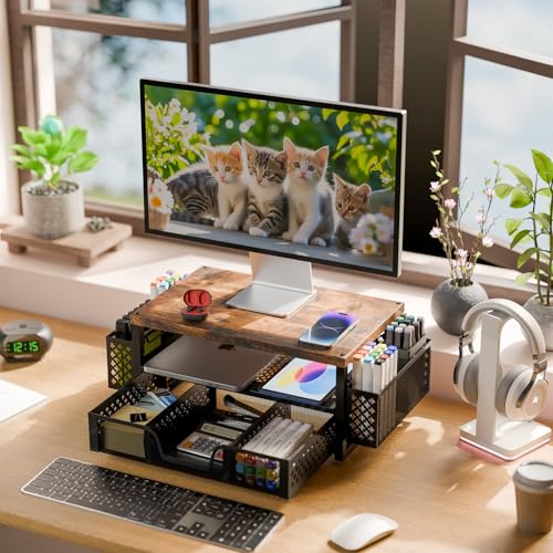 2 Tier Metal Monitor Stand with Drawer and Pen Holder, Black U498144