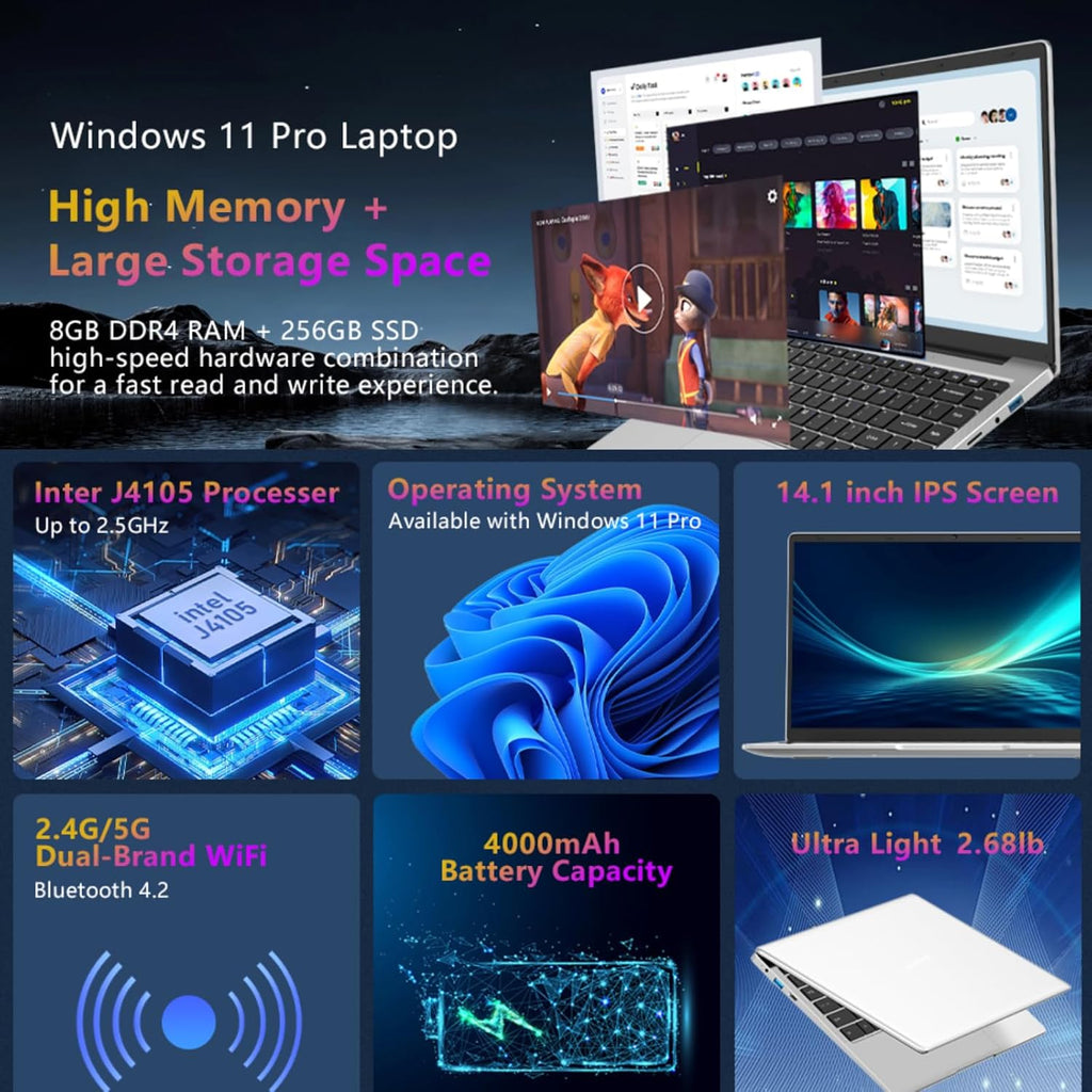 14.1 inch 1080P FHD Laptop Computer with 8GB DDR4 256GB SSD Quad-Core Intel Celeron J4105 Q96561