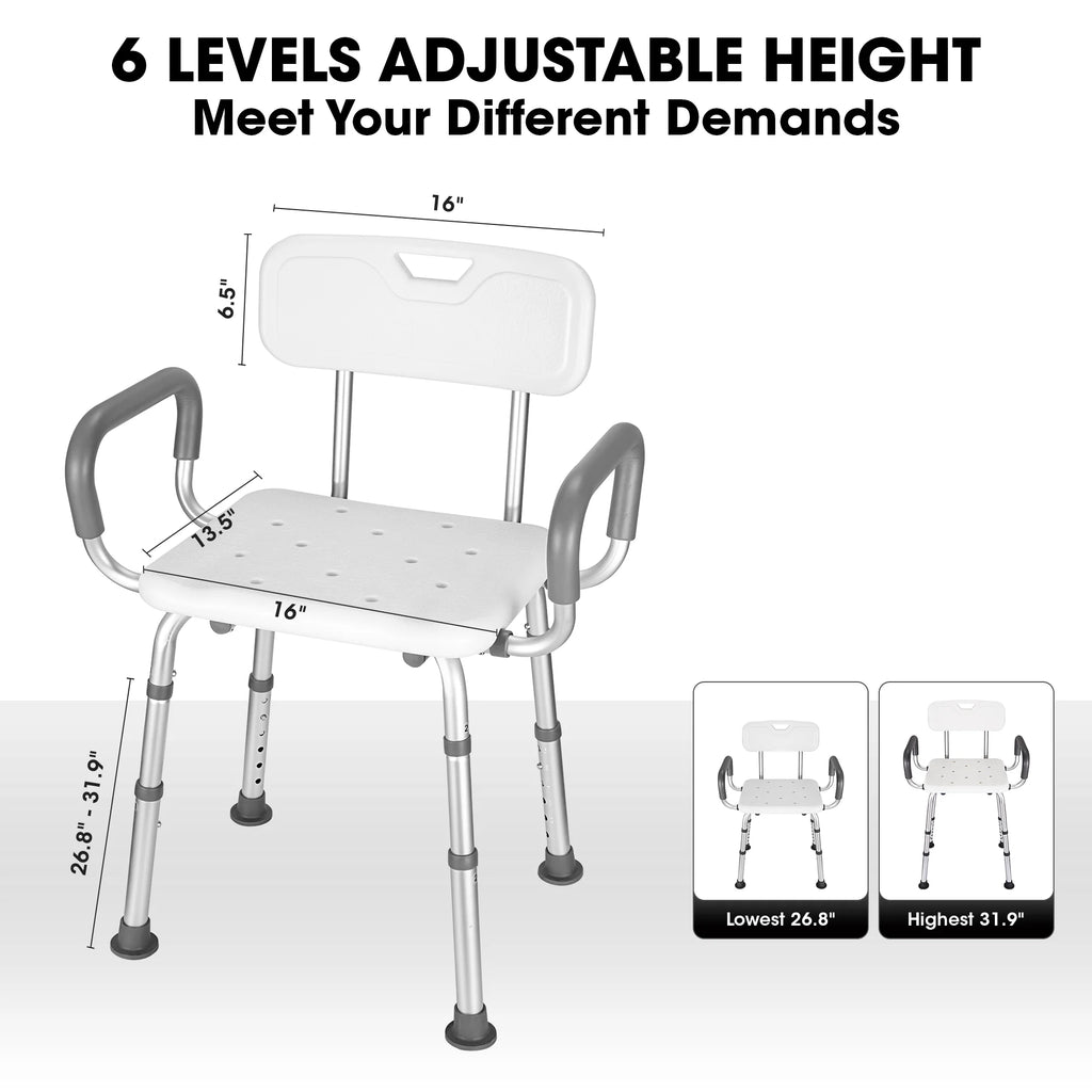 Shower Chair with Back and Padded Armrests, 6 Levels Adjustable Height W4240