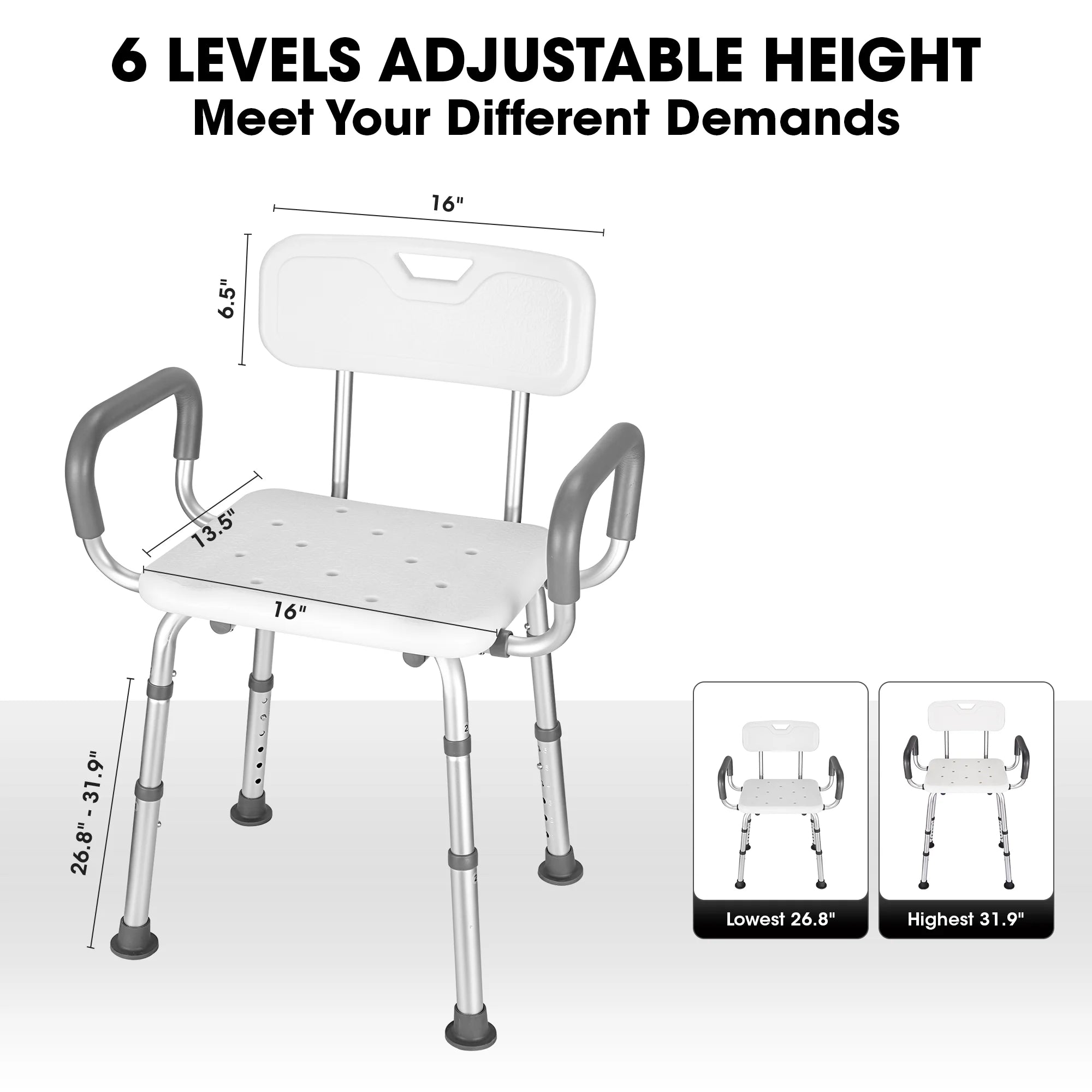 Shower Chair with Back and Padded Armrests, 6 Levels Adjustable Height W4240