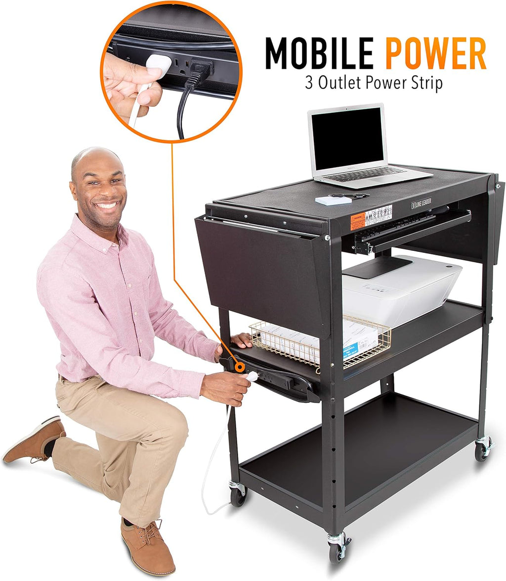 Black Height Adjustable Utility Cart with Drop Leaf Shelves and Pullout Laptop Tray W935493