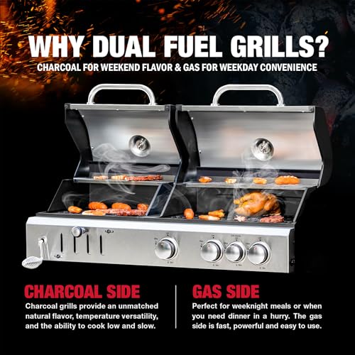 3 Burner Propane Gas and Charcoal Grill Combo with Side Burner, 37,000 BTUs 685 SQIN Dual Fuel Outdoor BBQ Grill F986302