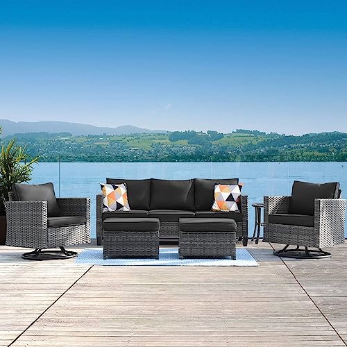 6 Piece Outdoor Wicker Sofa with Swivel Rocking Chairs and Cushions W495030