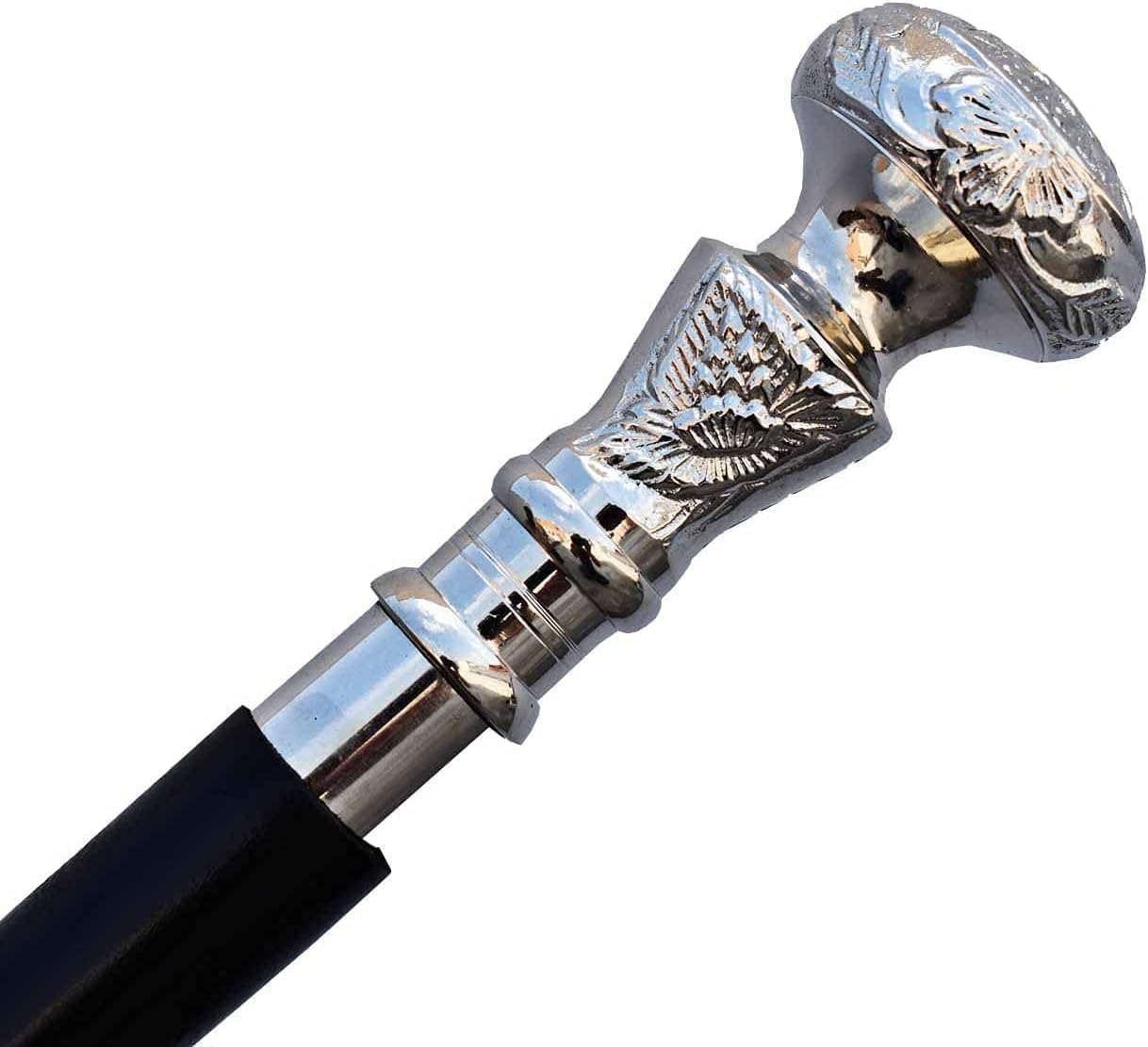 Black Shaft Silver Brass Handle Wooden Walking Cane L480287
