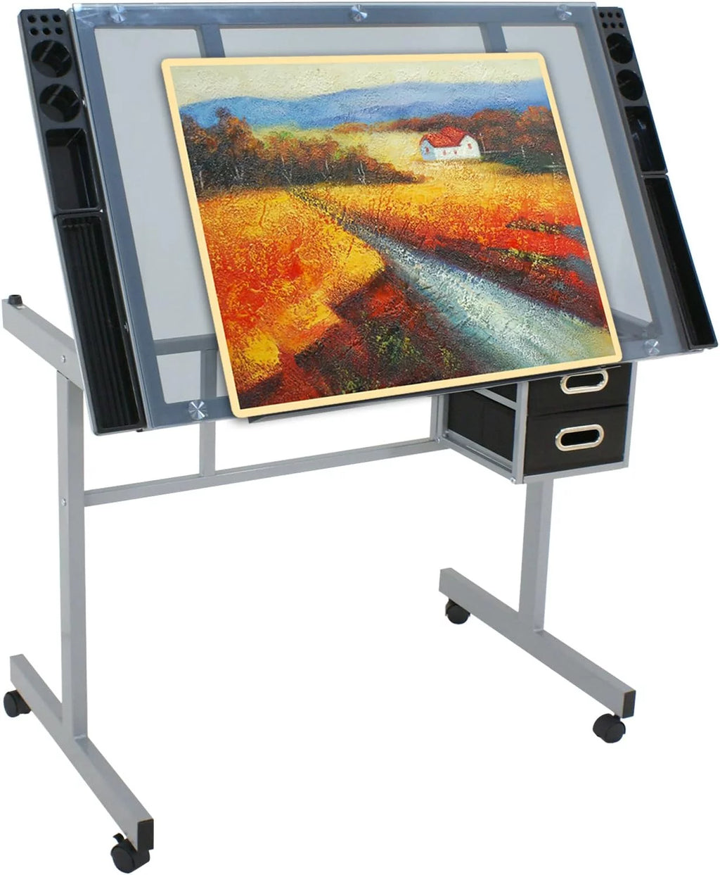 Adjustable Glass Tabletop Drawing Desk with 2 Slide Drawers and Wheels Z519611