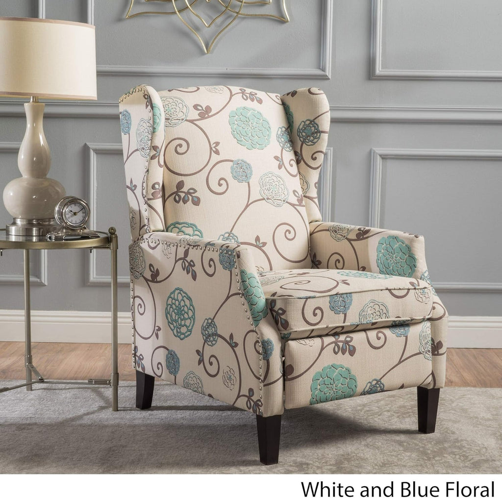 Blue White Floral Fabric Recliner Club Chair K1196