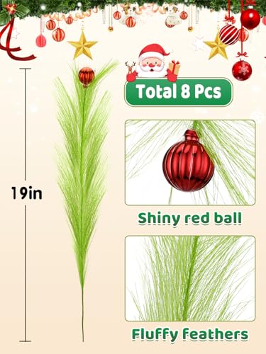 8Pcs Lime Green Fluffy Curly Christmas Tree Picks Decorations with Red Ball T6346