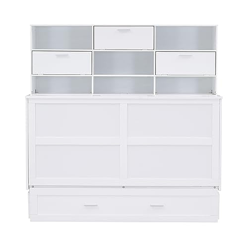 White Queen Size Murphy Bed with Bookcase and Drawer Z62488
