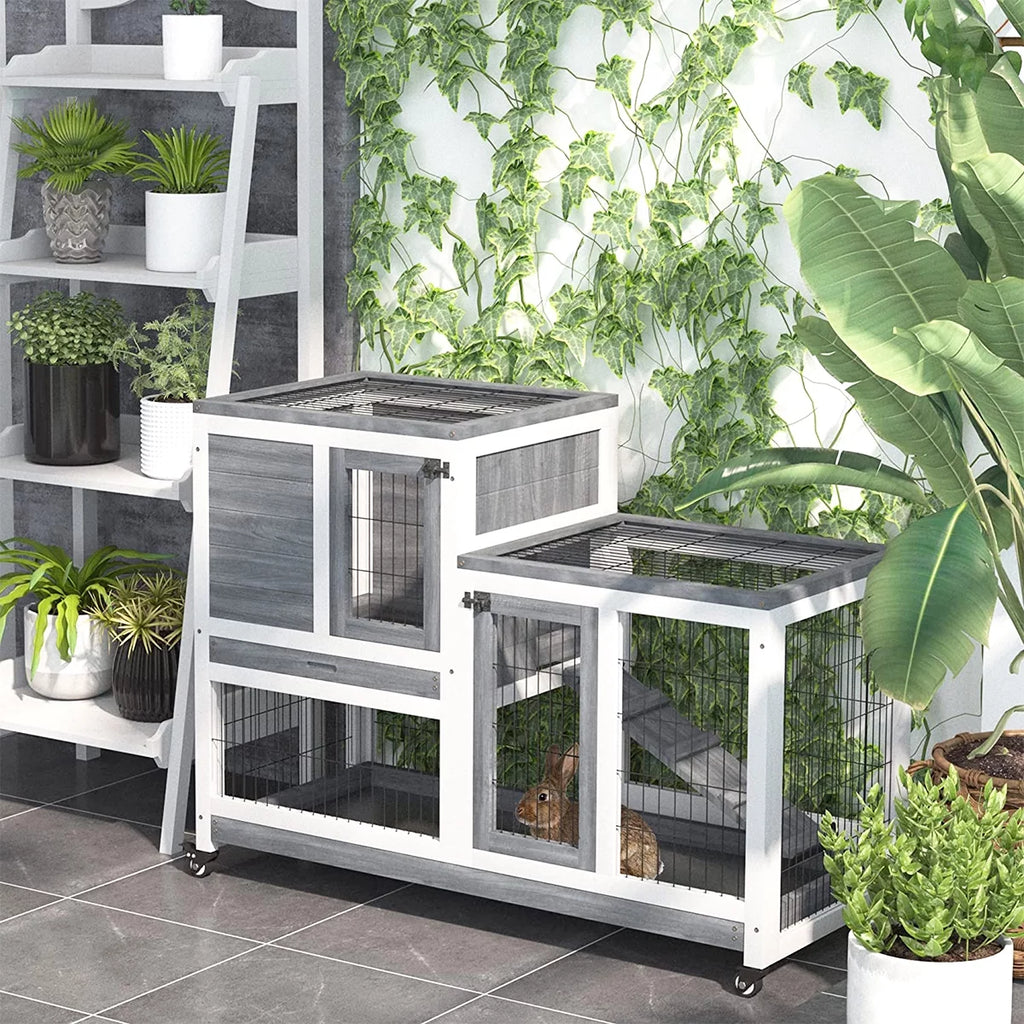 43 Inch Wood Rabbit Hutch with Wheel and 2 No Leak Tray E299935