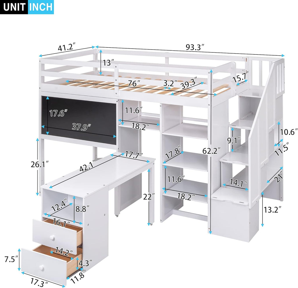 Twin Size Solid Wood Loft Bed with Stairs and Desk M3482