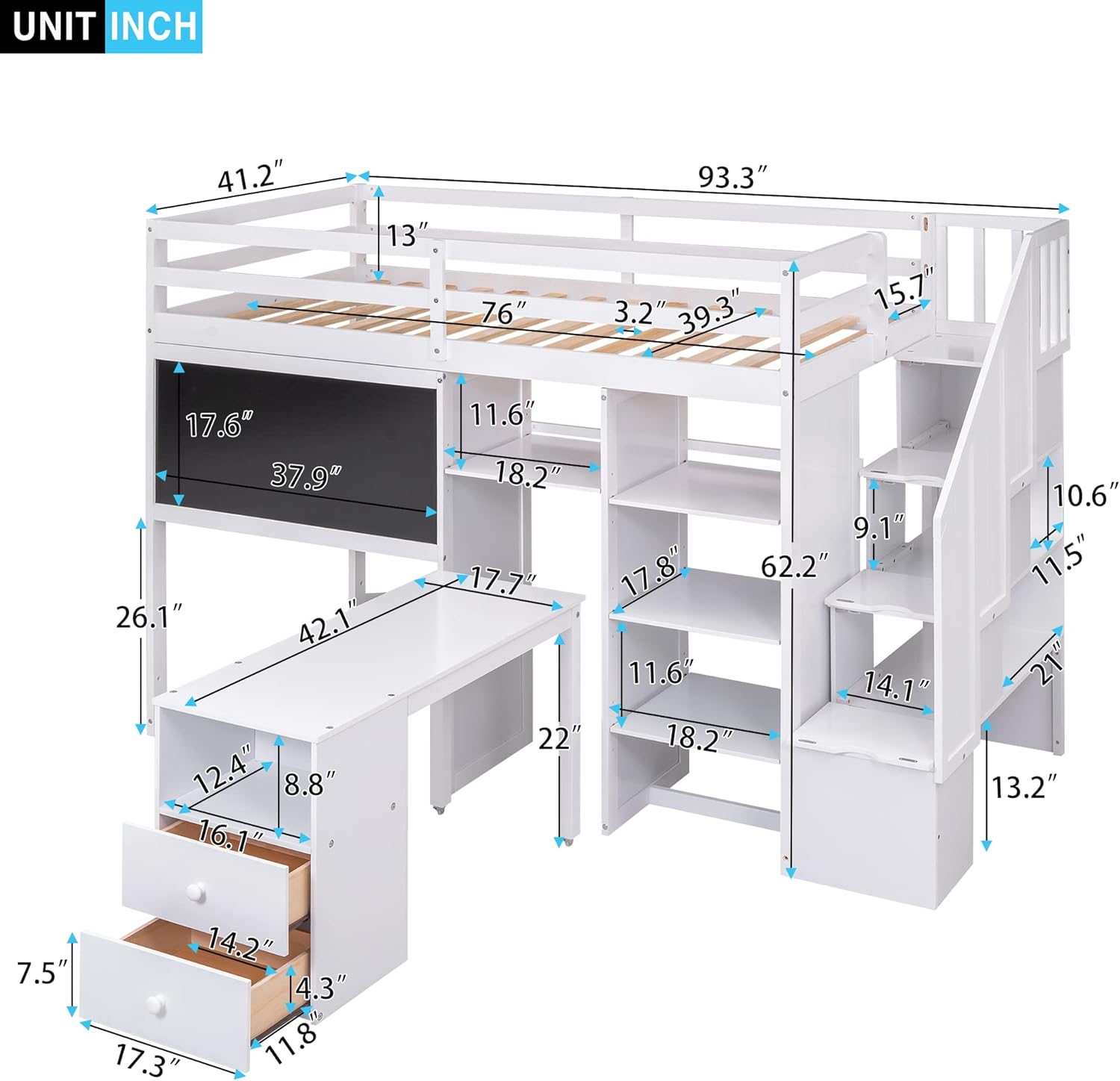Twin Size Solid Wood Loft Bed with Stairs and Desk M3482