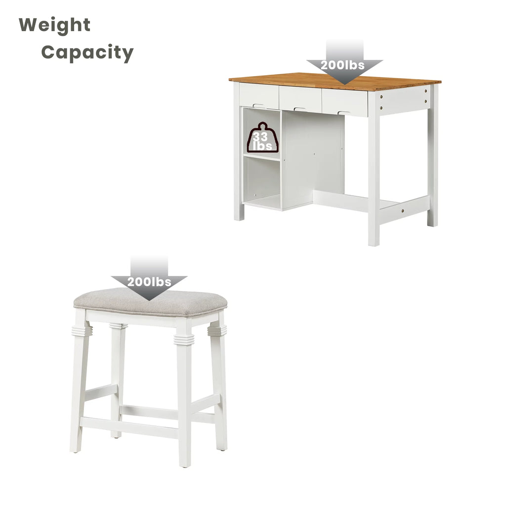 White 3-piece Rubber Wood Kitchen Island Set with 2 Shelves and 3 Drawers M6553