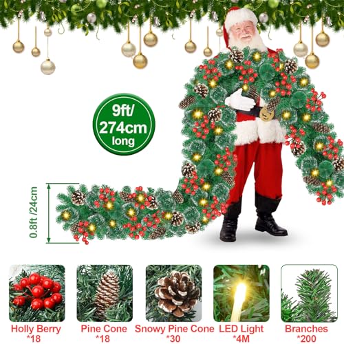 9Ft Pre-lit Christmas Garland with LED Lights Battery Operated, Decorated with Red Flower, Balls, Berries, Snowy Pine B93904
