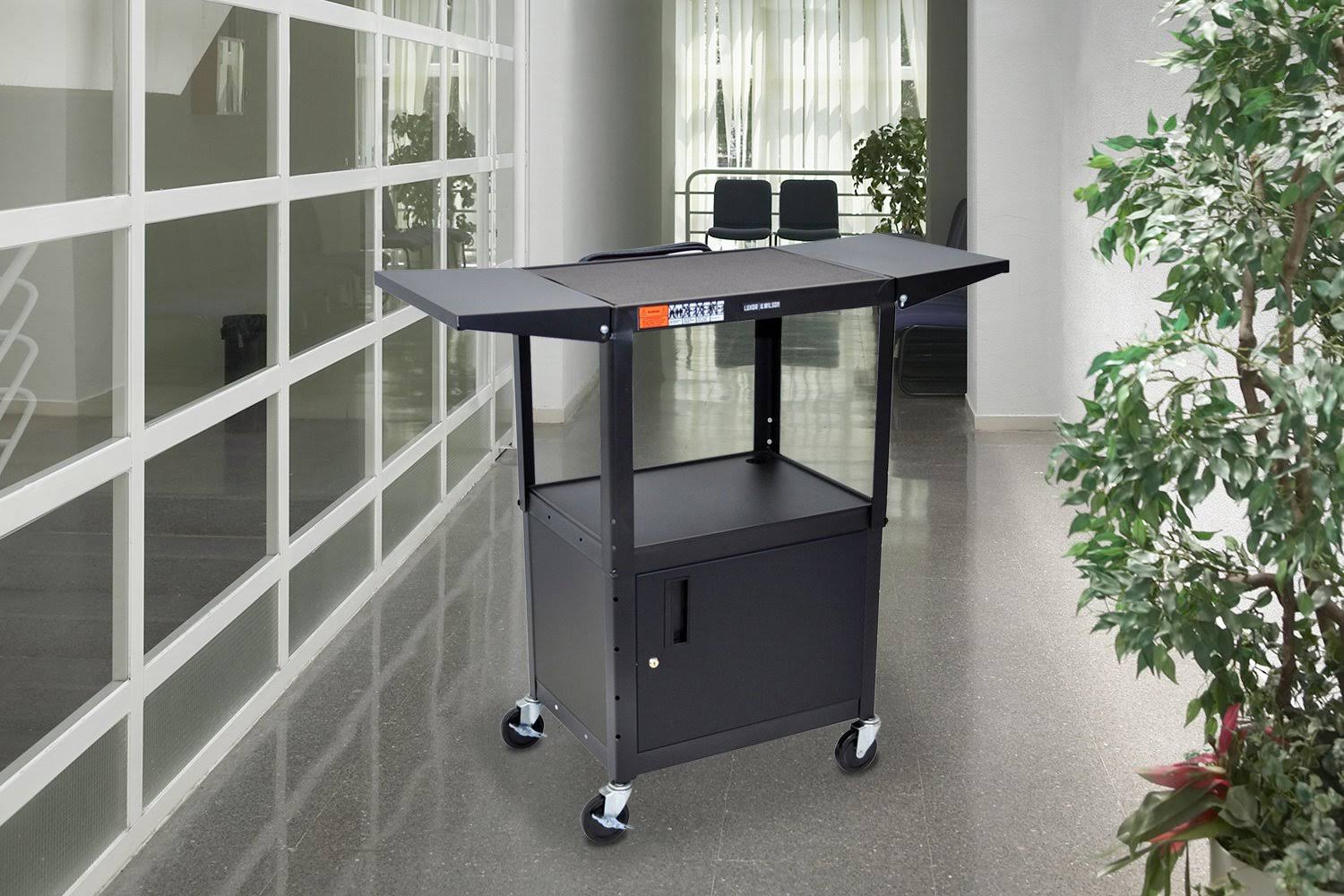Adjustable Height Steel AV Cart with Cabinet and Drop Leaf V97417