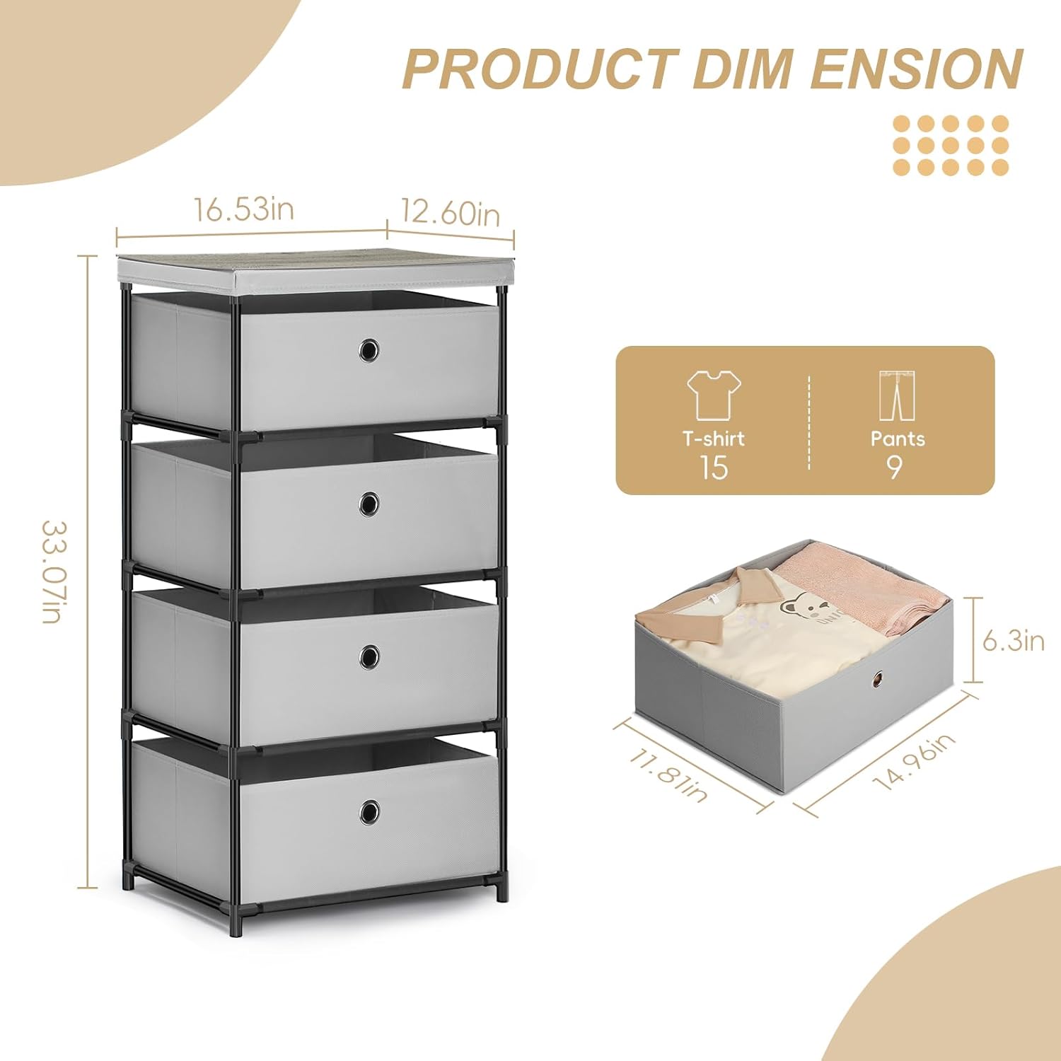 Light Gray Fabric 4 Drawer Storage Dresser J49941