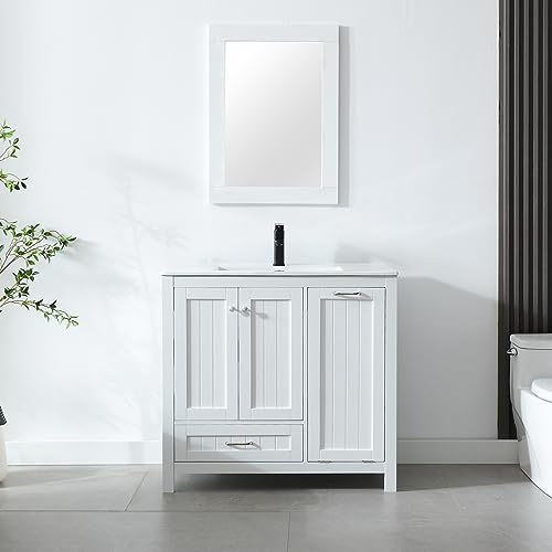 White 36" Bathroom Vanity with Sink and Laundry Hamper, 2 Doors, 1 Drawer C2910