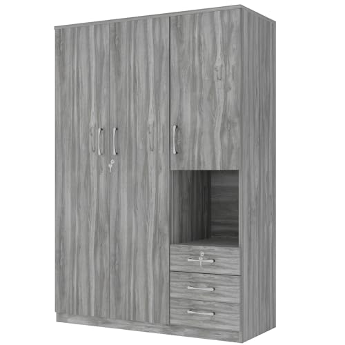 Grey 3 Door Wooden Wardrobe Closet Organizer with Drawers and Hanging Rail C2101