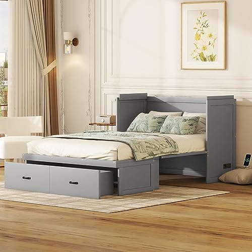 Gray Full Size Murphy Bed with Shelf and Charging Station J67325
