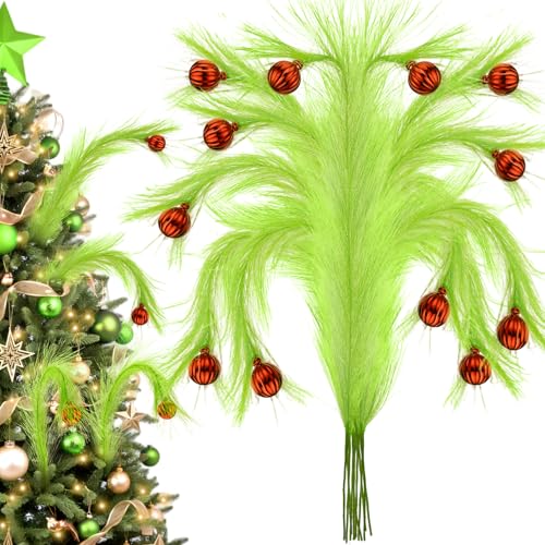 8Pcs Lime Green Fluffy Curly Christmas Tree Picks Decorations with Red Ball T6346