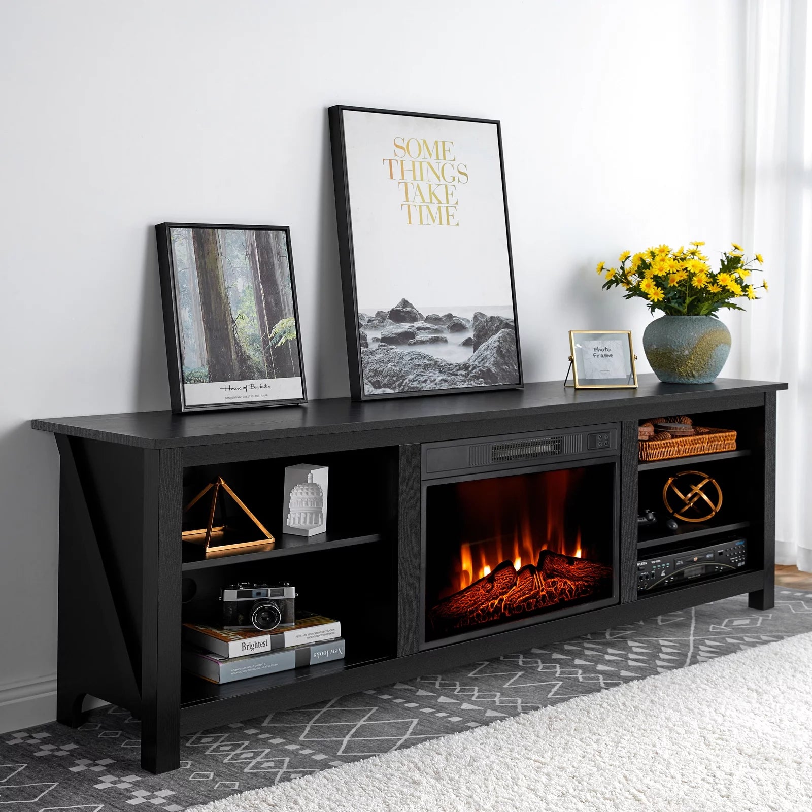 Black Wood Texture Fireplace TV Stand Q95935