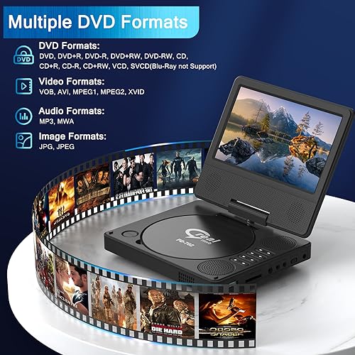 9.5" Portable DVD Player with 7.5" Swivel Display Screen, 5-Hour Built-in Rechargeable Battery, Black Z187199