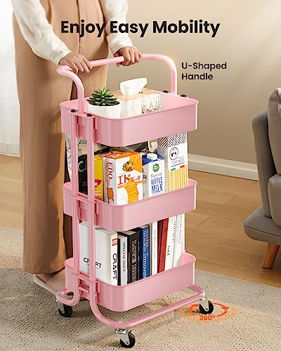 3 Tier Mesh Utility Cart with Handle and Lockable Wheels Black Y45861