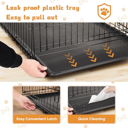 36 Inch Double Door Metal Dog Crate with Divider Panel and Plastic Leak-Proof Pan Tray L39563