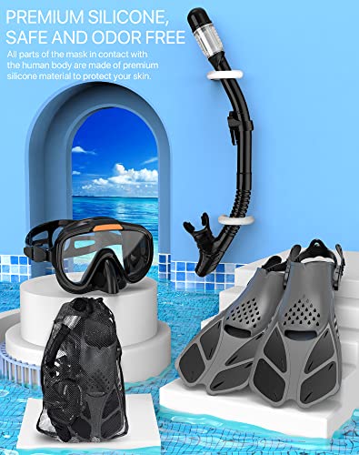 4 in 1 Snorkel Set with Panoramic View Diving Mask, Dry Top Snorkel, Fins and Travel Bag E8015