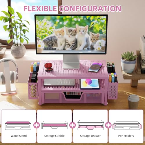 2 Tier Metal Monitor Stand with Drawer and Pen Holder, Black U498144