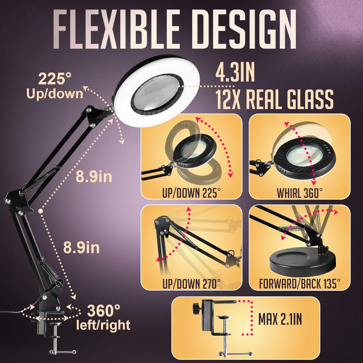 12X Magnifying Glass with Light and Stand, 5 Color Modes Stepless Dimmable LED Desk Lamp with Clamp, Hands Free Flexible Magnifier L6592