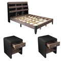 Queen Bed Frame with Bookshelf and LED Lights and Two Nightstands, Walnut and Black H12600