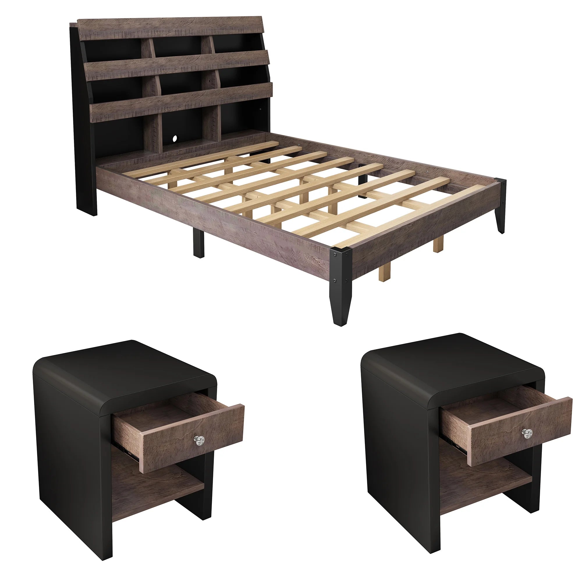 Queen Bed Frame with Bookshelf and LED Lights and Two Nightstands, Walnut and Black H12600