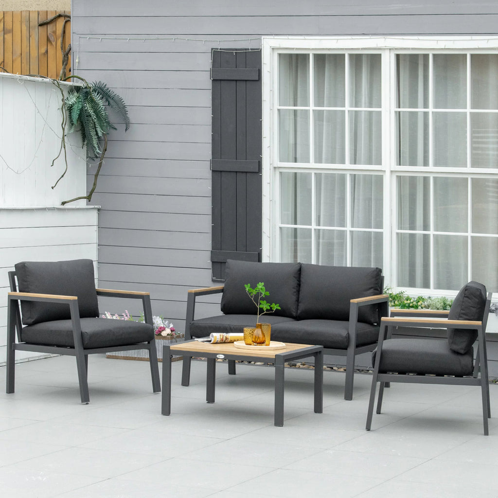 4 Piece Patio Furniture Set with 2 Armchairs, Loveseat Sofa, Center Coffee Table, Cushions, Dark Gray O752