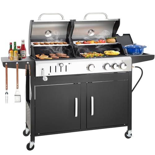 3 Burner Propane Gas and Charcoal Grill Combo with Side Burner, 37,000 BTUs 685 SQIN Dual Fuel Outdoor BBQ Grill F986302