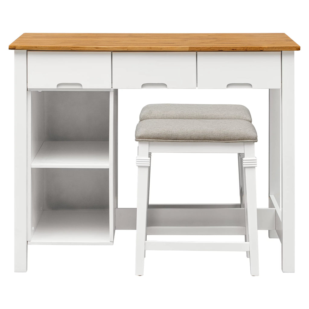 White 3-piece Rubber Wood Kitchen Island Set with 2 Shelves and 3 Drawers M6553