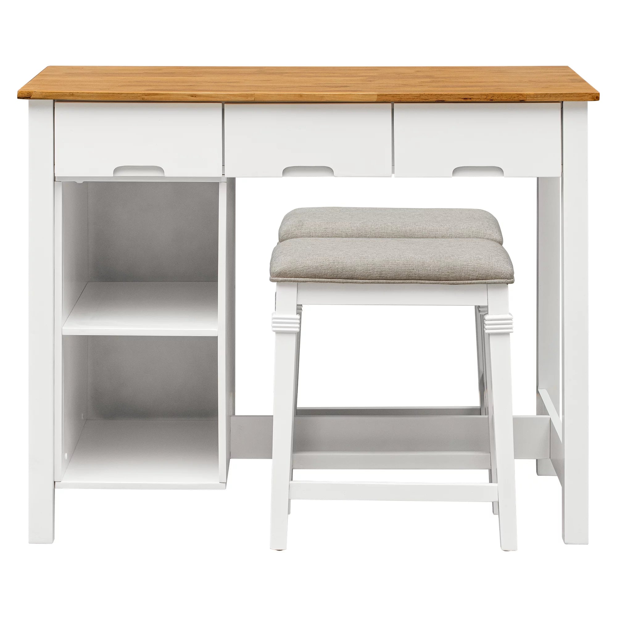 White 3-piece Rubber Wood Kitchen Island Set with 2 Shelves and 3 Drawers M6553
