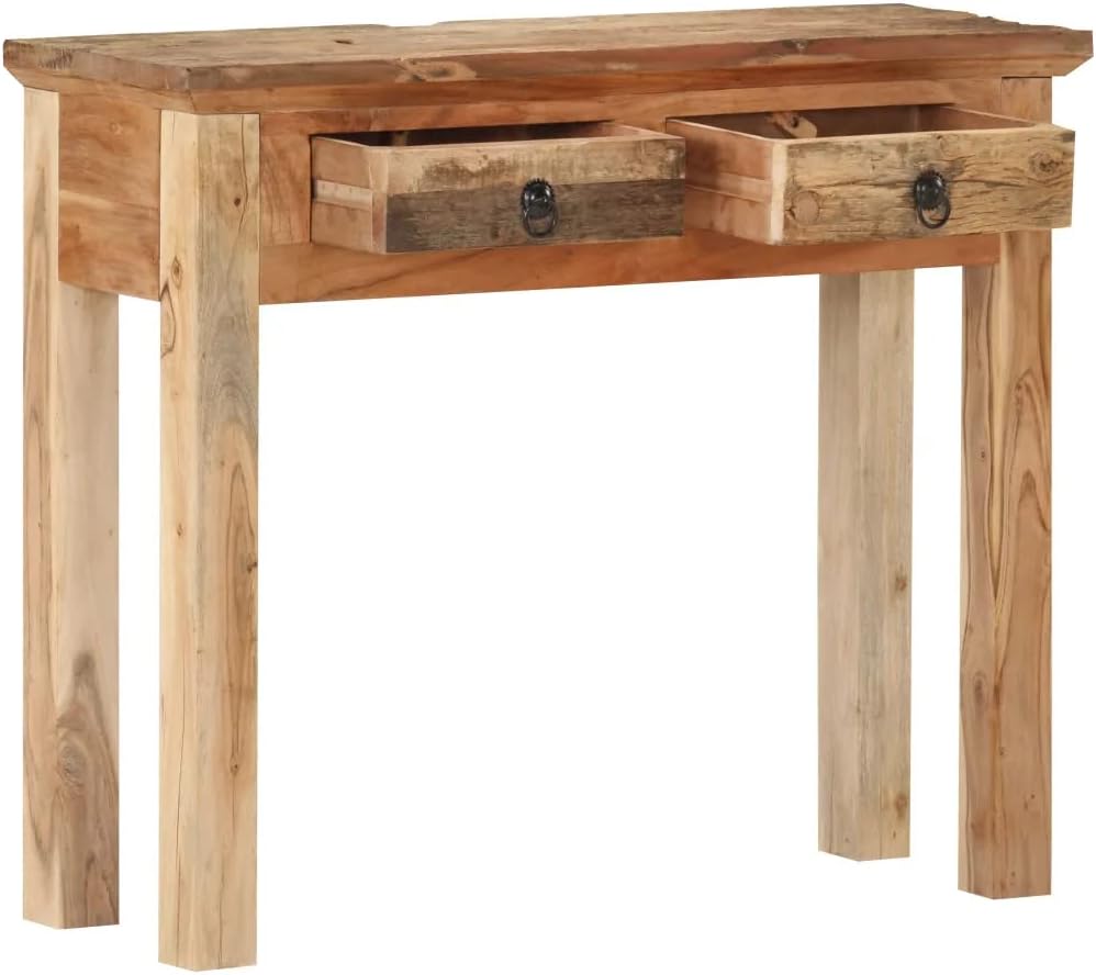 Rectangular Console Table with Solid Acacia Wood and Reclaimed Wood - Rustic Brown Hall Table with 2 Drawers - 35.6"x11.8"x29.5" C57257