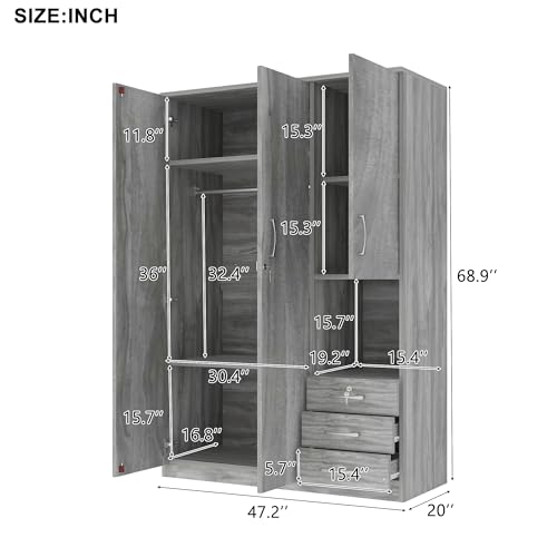 Grey 3 Door Wooden Wardrobe Closet Organizer with Drawers and Hanging Rail C2101