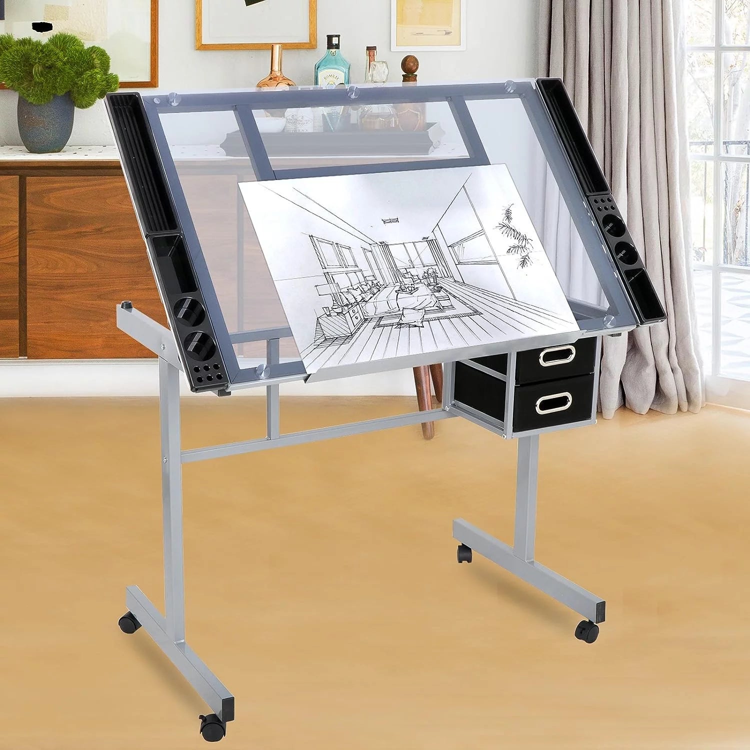 Adjustable Glass Tabletop Drawing Desk with 2 Slide Drawers and Wheels Z519611
