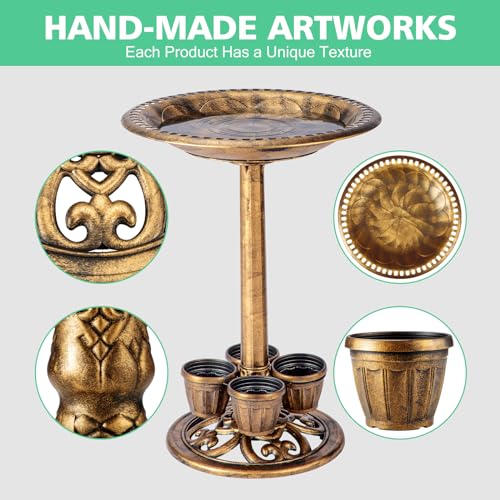 Bronze 28in Polyresin Bird Bath with 4 Removable Flower Planters H4010