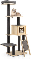 Grey Wooden Cat Tree with Sisal Posts & Scratch Board L985
