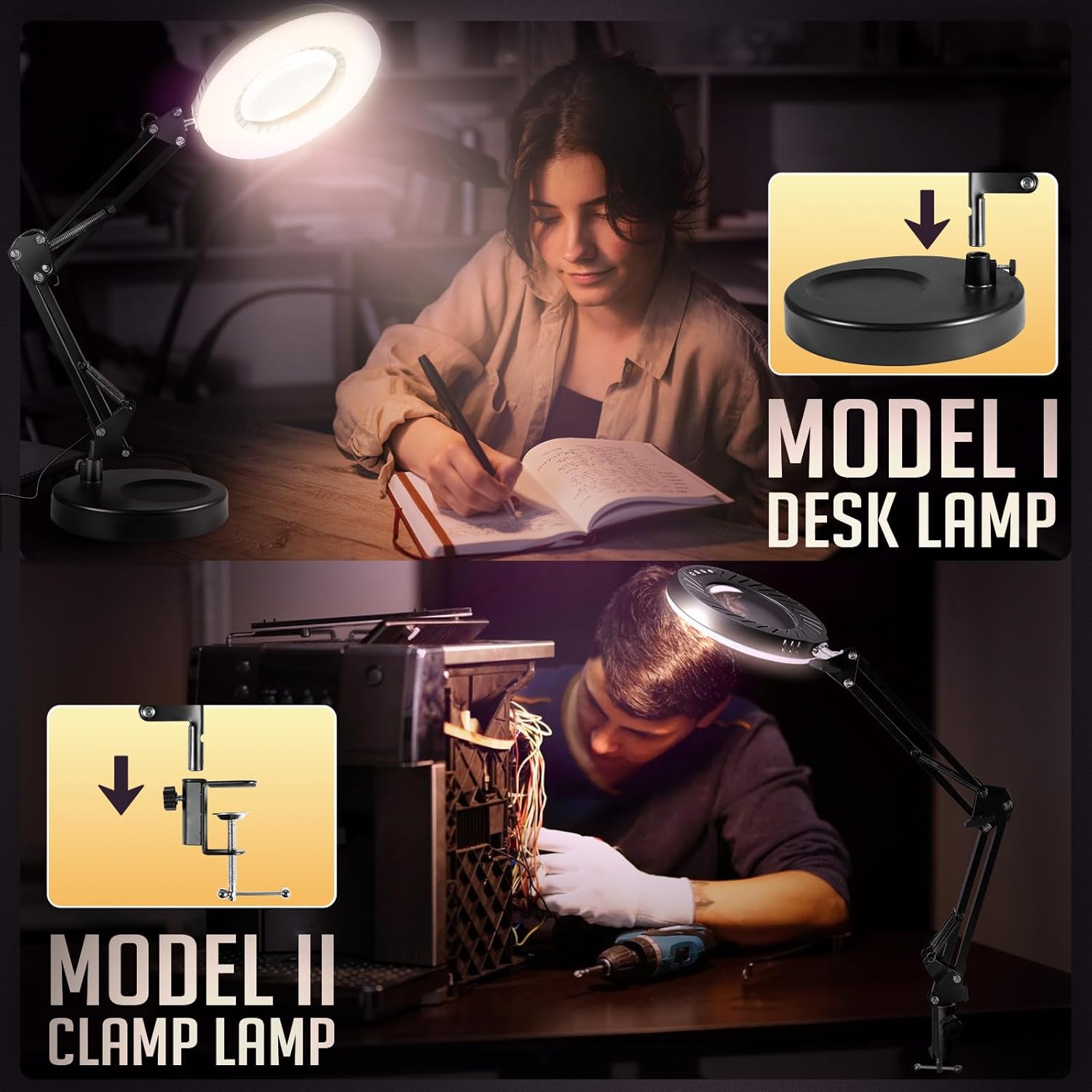 12X Magnifying Glass with Light and Stand, 5 Color Modes Stepless Dimmable LED Desk Lamp with Clamp, Hands Free Flexible Magnifier L6592