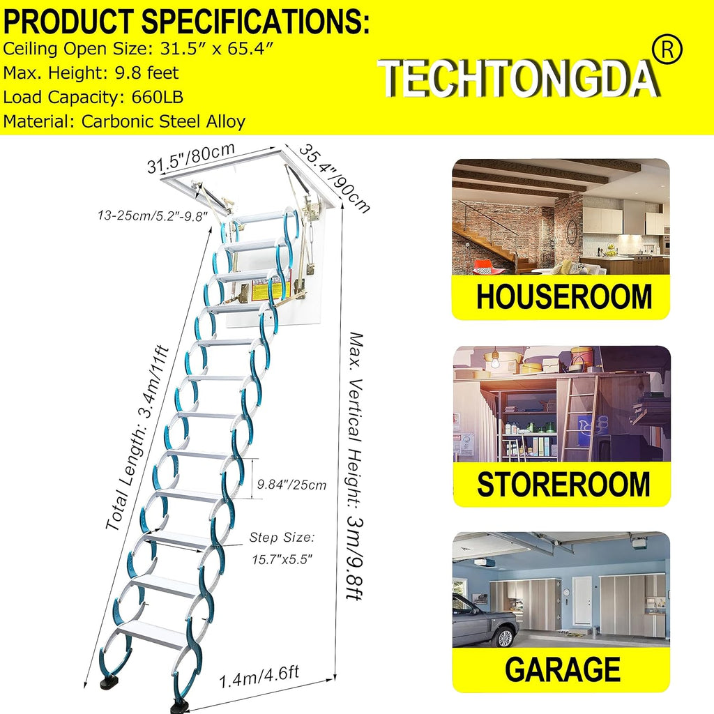 Attic Ladder 12 Steps Pull Down Folding Extension Loft Stair, Carbon Steel, 31.5 x 35.4 Inch, 9.8ft Height I7330