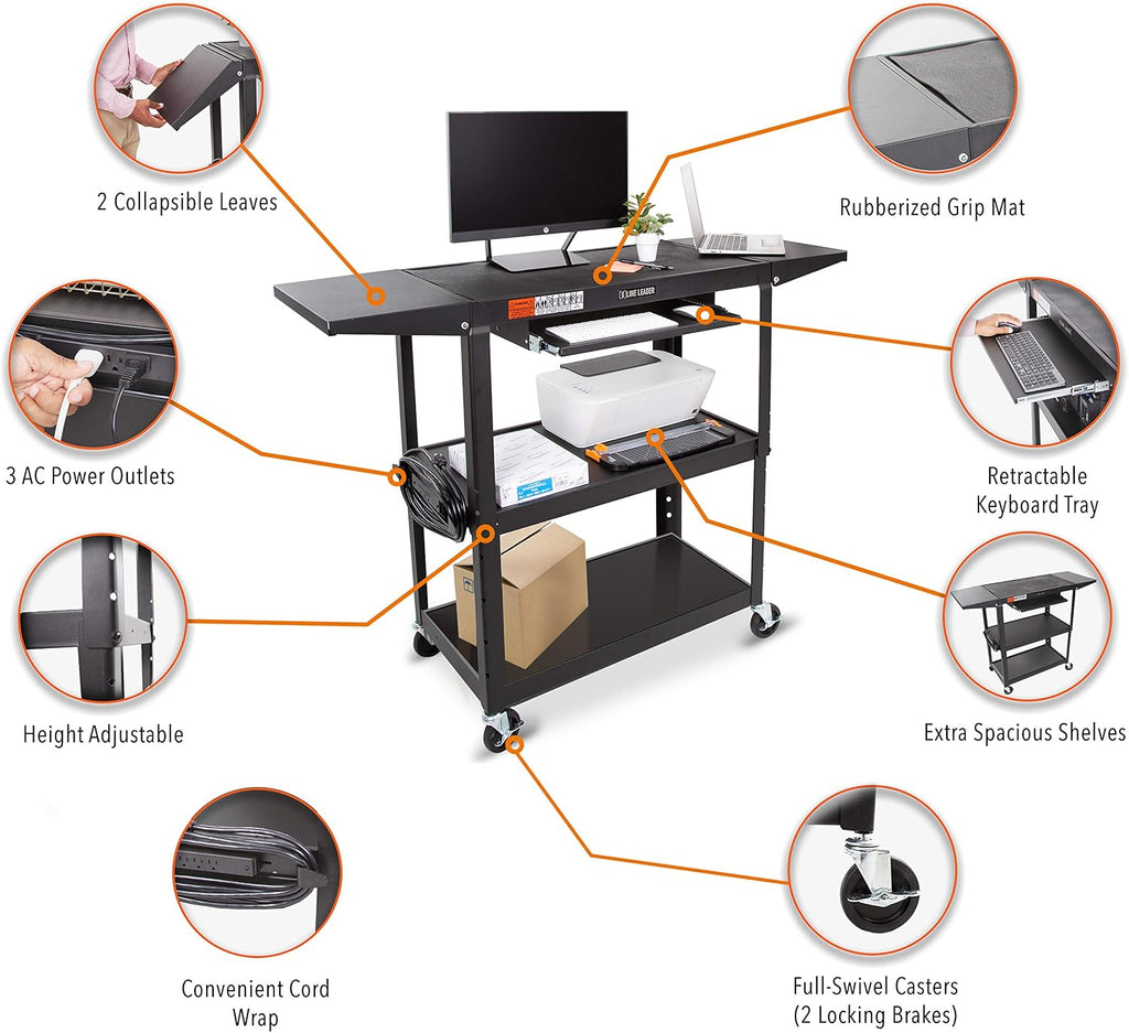 Black Height Adjustable Utility Cart with Drop Leaf Shelves and Pullout Laptop Tray W935493