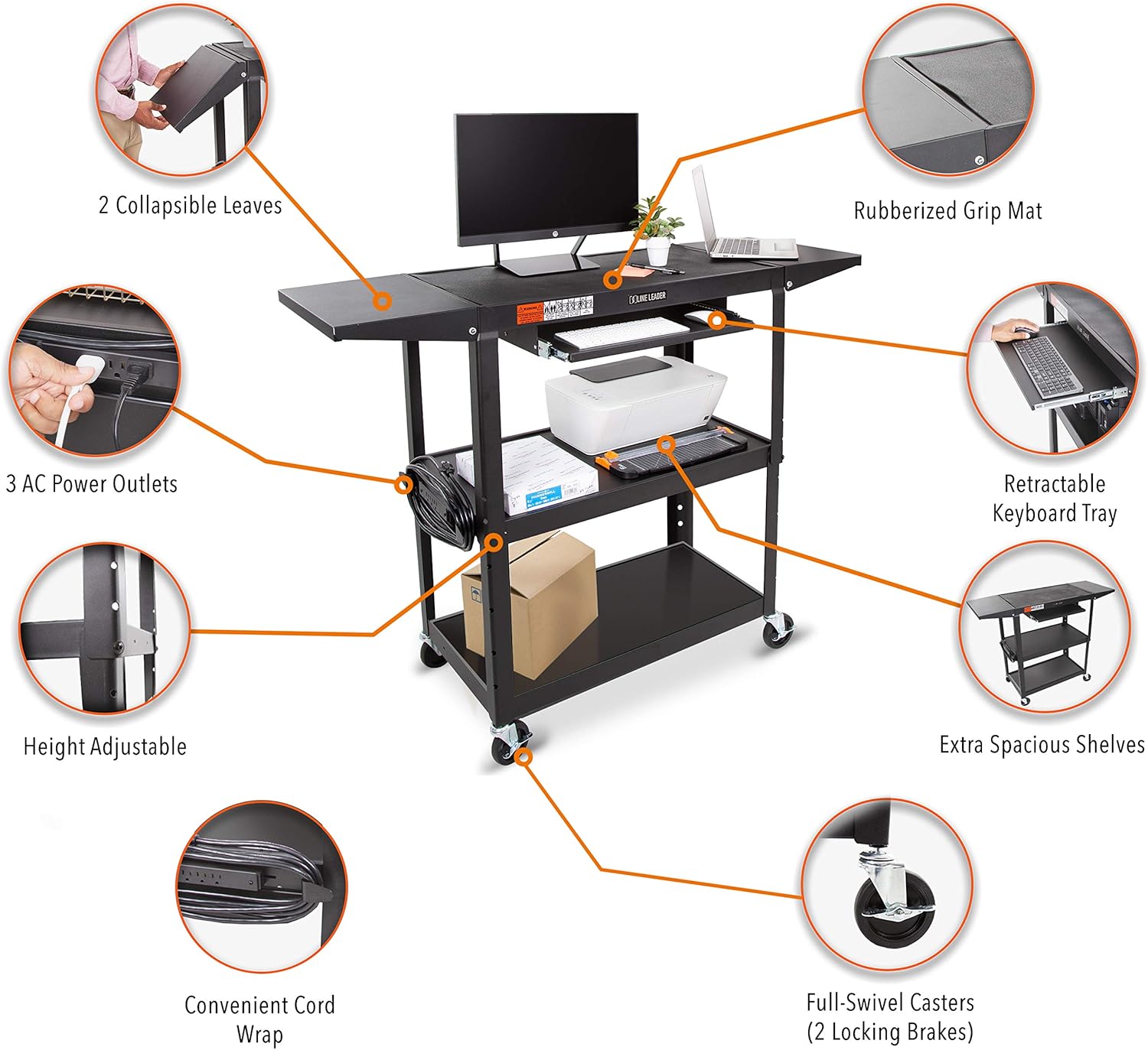 Black Height Adjustable Utility Cart with Drop Leaf Shelves and Pullout Laptop Tray W935493
