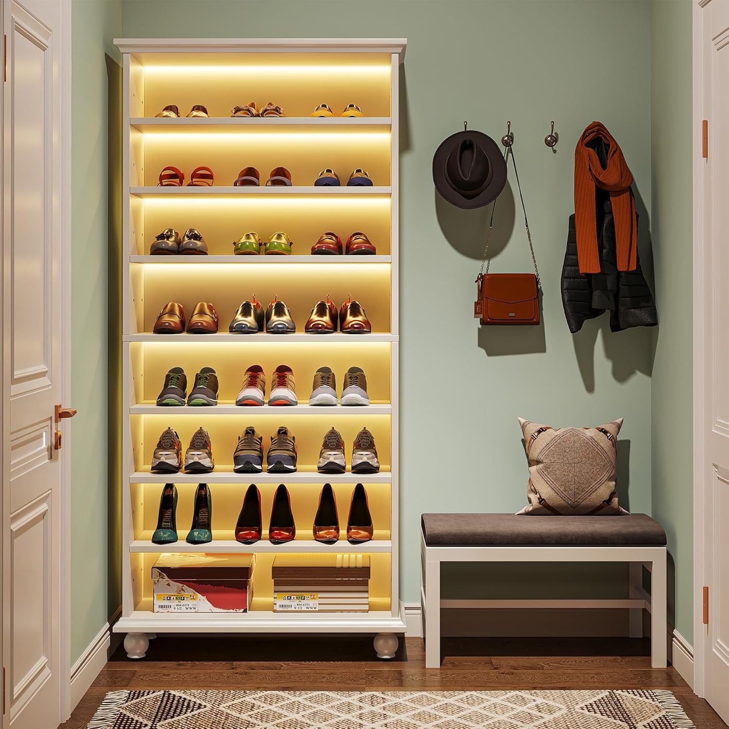 White 9-Tier 30 Pairs Shoe Storage Cabinet with Solid Wood Legs M80643