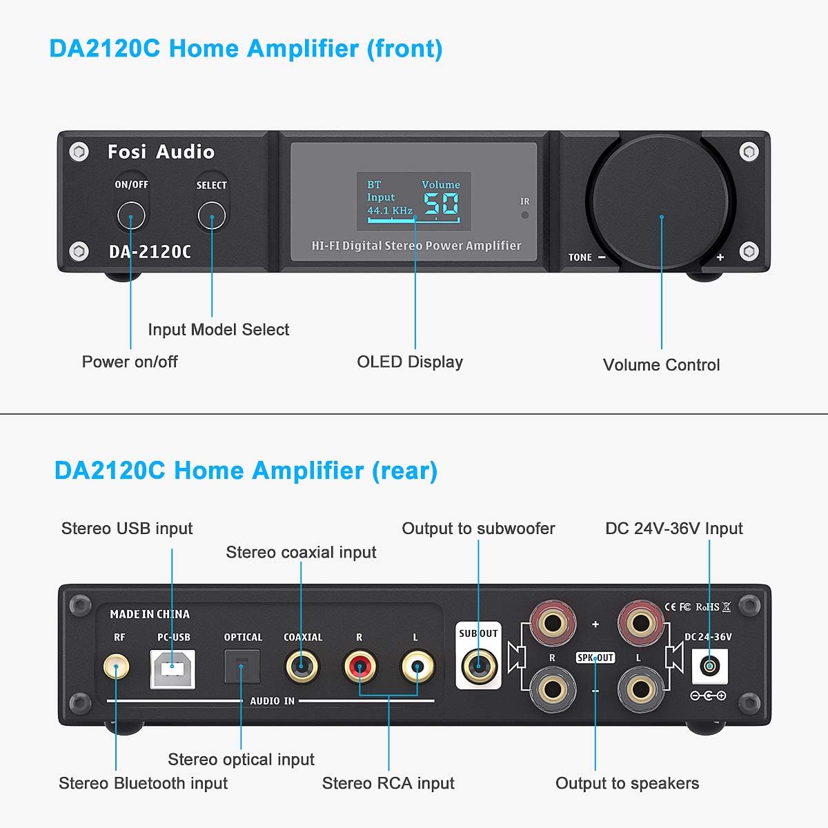 Bluetooth 5.0 Amplifier 240W Stereo 2.1 Channel Class D Compact Mini Power Amp A843