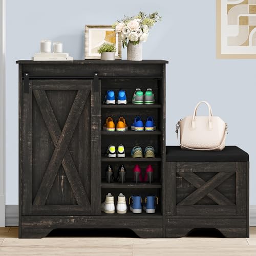 Dark Rustic Oak 5-Tier Shoe Cabinet with Sliding Door K6438